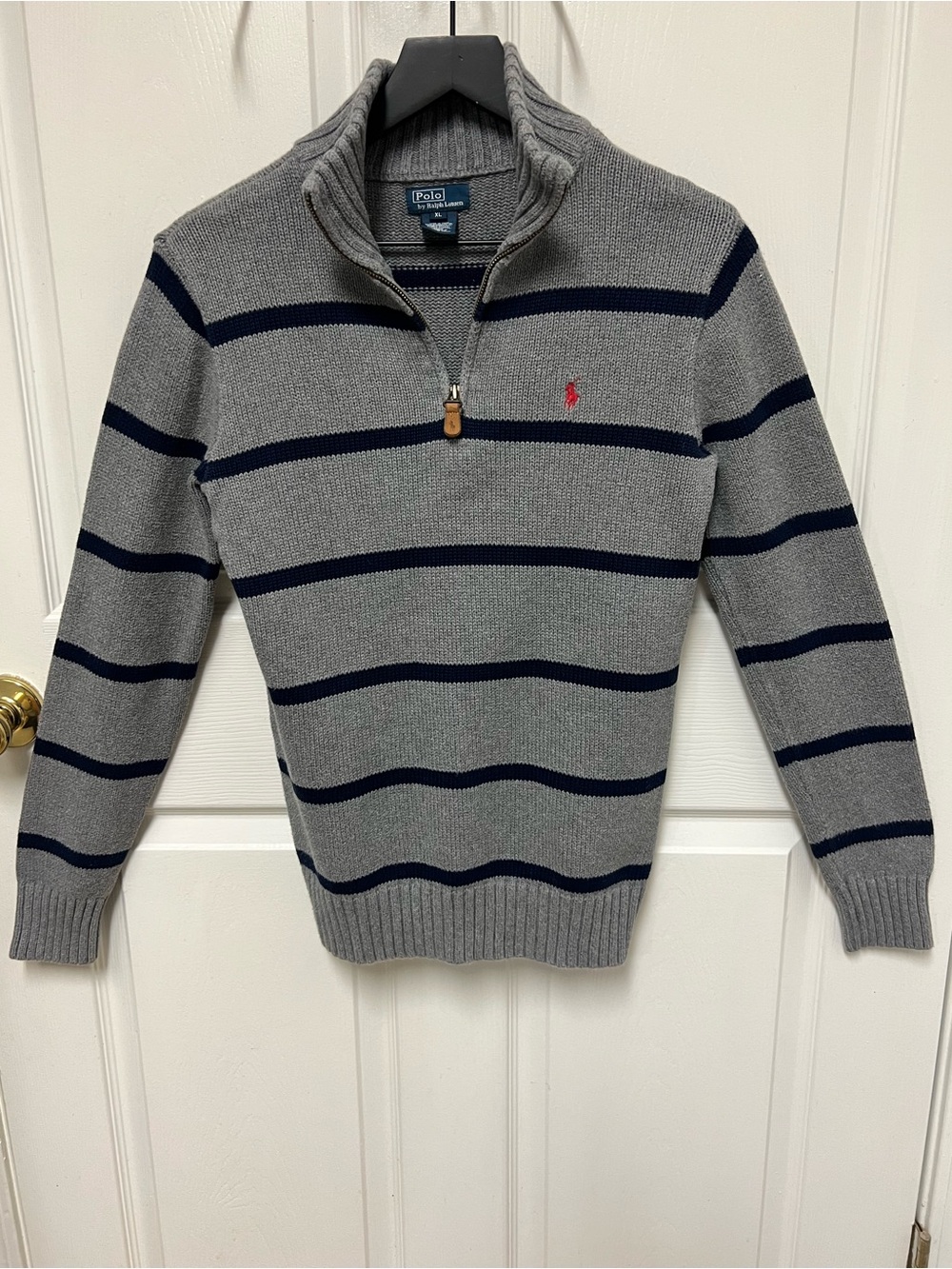 Polo by Ralph Lauren Gray Quarter-Zip Sweater with Navy Stripes